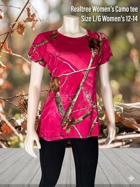 Realtree Women’s Hot Pink Camo Short Sleeve Tee Shirt Size L/G 12-14